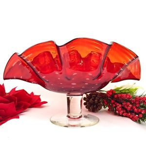 Vintage Bischoff Wayne Husted Ruffle Edge Centerpiece Blown Glass Pedestal Bowl